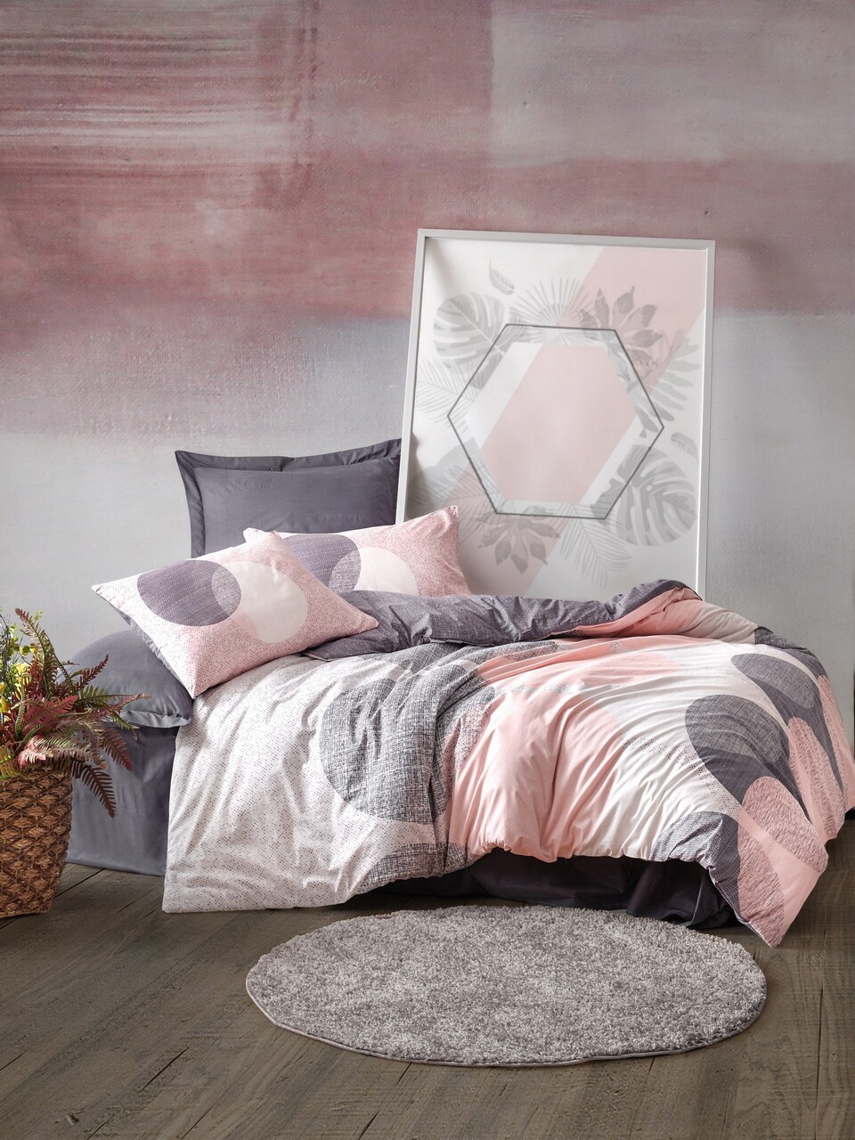 Lenjerie de pat dubla, 4 piese, 200x220 cm, 100% bumbac ranforce, Cotton Box, Leron, gri - imagine 3